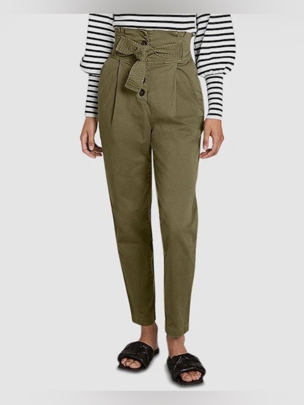 A.L.C. WMNS Krew Oregano Green Stretch Paper Bag High Waisted Belted Pants Sz 12